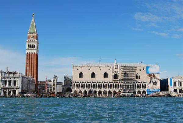 St Mark's Campanile and Doge's Palace seen from the water, sunny light