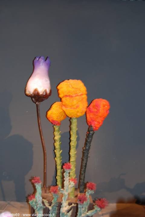 Colorful soft-material flower sculptures displayed against a gray wall