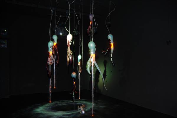 Glass octopus sculptures hanging in a dark room, lit from within