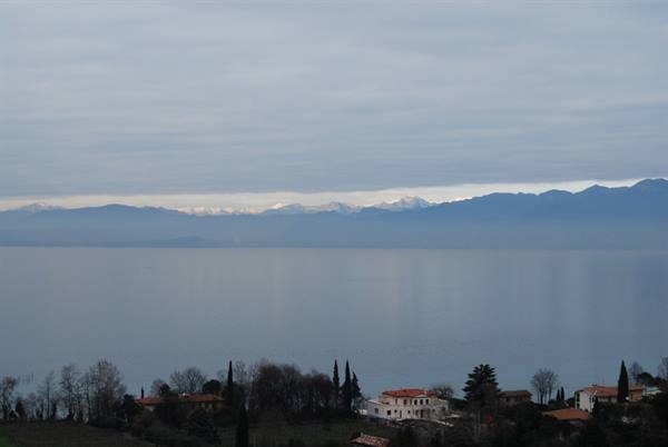 Lake Garda with houses and trees in foreground, snowy mountains under grey sky
