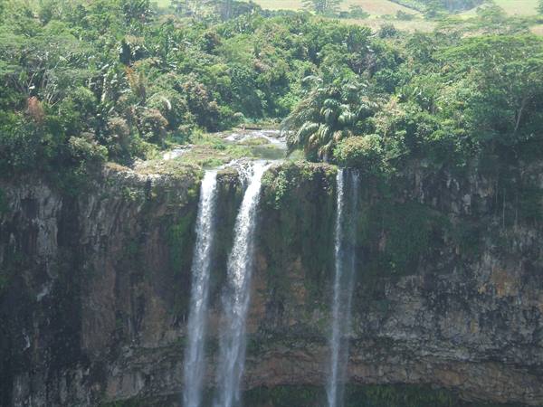 Chamarel Falls, Mauritius: white water cascading over basalt cliff amid palms