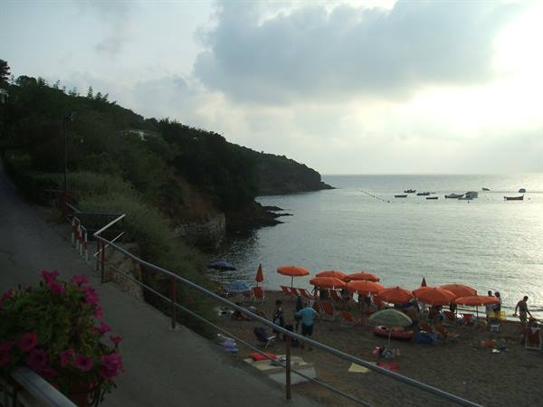 Beach with orange umbrellas, boats offshore, green hillside and geraniums
