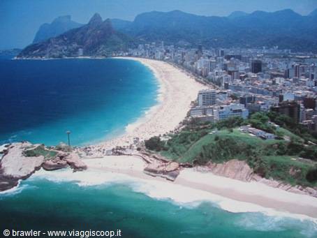 Copacabana in Rio de Janeiro: white sand, high-rises and Sugarloaf Mountain