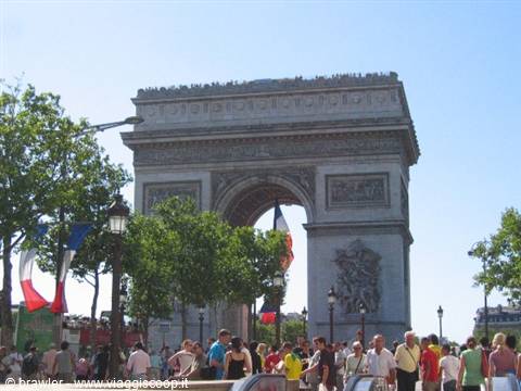 Tourists beneath the Arc de Triomphe in Paris, French flags among trees