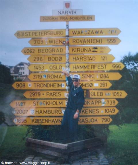 Tourist under Narvik's yellow signpost showing distances to cities