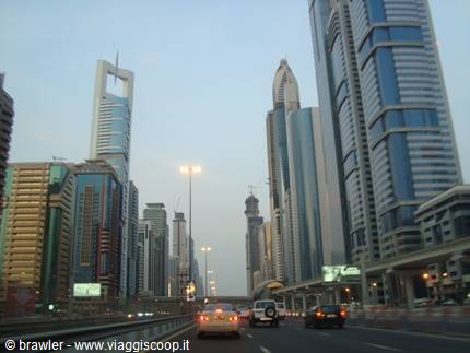 Skyscrapers along Sheikh Zayed Road in Dubai at dusk