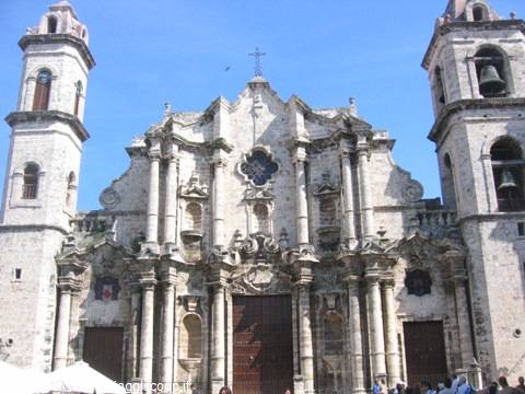 Baroque facade of Havana Cathedral, weathered stone, asymmetric towers
