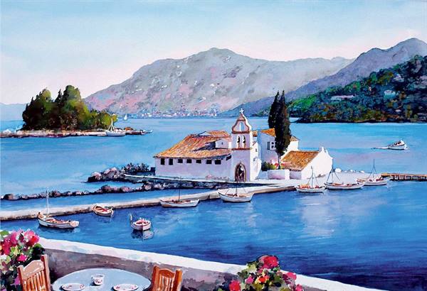 Watercolor of Vlacherna monastery in Corfu, small boat crossing the blue sea
