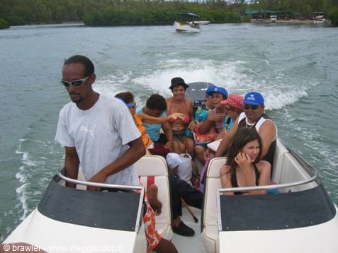 Tourists on speedboat crossing green river, driver in white shirt, wake behind