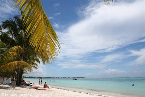 tourists under palm trees on white sand beach, turquoise water and clouds