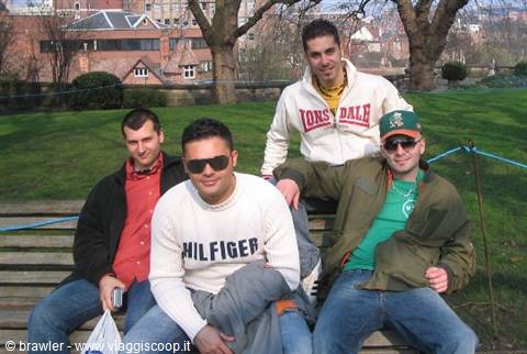 Four smiling friends posing on a wooden bench in a green park