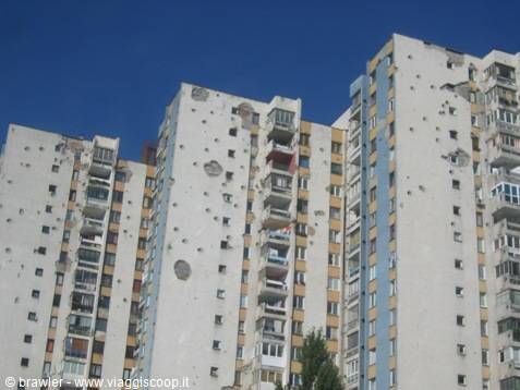 Residential towers riddled with shrapnel holes, Siegen