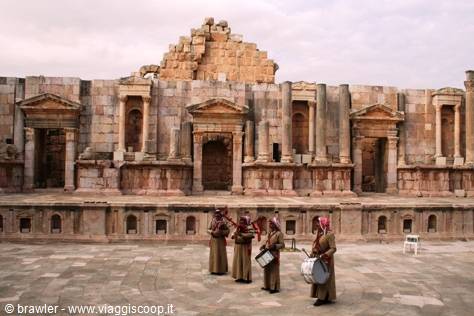 Musicians with drums in front of the Roman theatre of Jerash