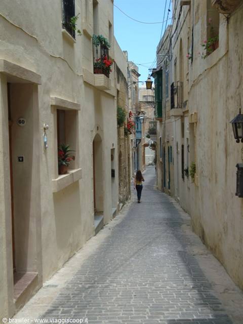 Woman walking along a cobblestone alley between limestone houses with flowerpots