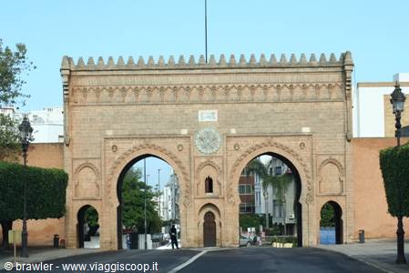 Monumental stone gate with horseshoe arches and crenellations, Rabat