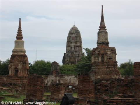 Ancient brick pagodas among the ruins of Ayutthaya temple