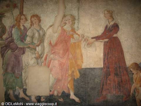 Botticelli fresco: young woman in red receives gifts from female figures