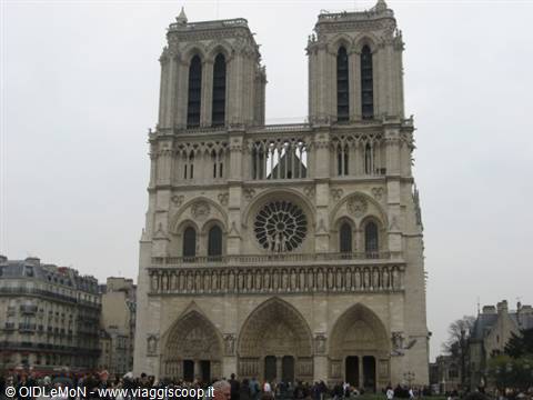 Gothic facade of Notre-Dame in Paris with twin towers and rose window