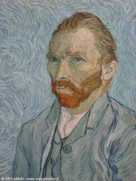 Van Gogh self-portrait oil painting with swirling blue background