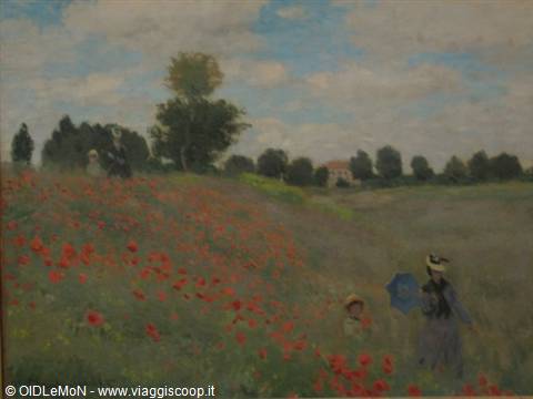 Monet painting: woman with parasol and child among red poppies