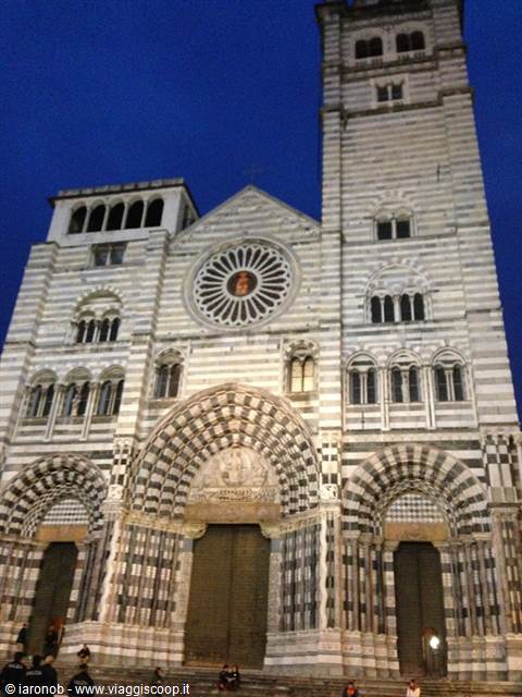 Striped black-and-white facade of Genoa's San Lorenzo cathedral