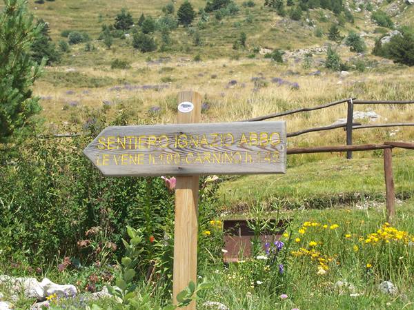 Wooden sign of the Ignazio Abbo trail among flowers and meadows