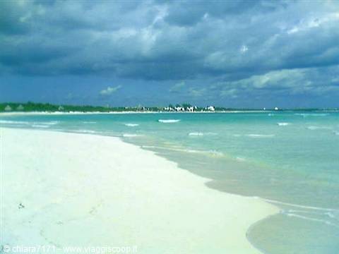 White sand and turquoise sea under a cloudy sky