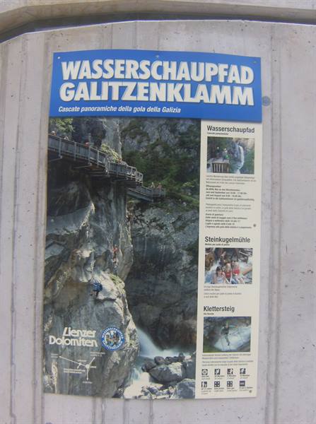 Sign for the Galitzenklamm gorge educational trail, in the Lienz Dolomites