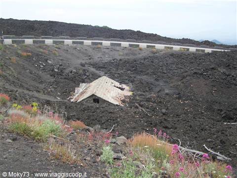 Refuge buried by black lava, roadside wall and flowers on Mount Etna