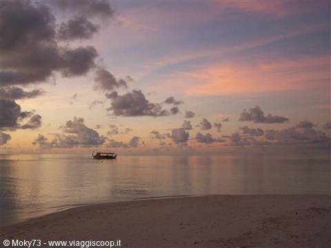 Dhoni boat on calm sea by sandy beach, pink cloudy sky