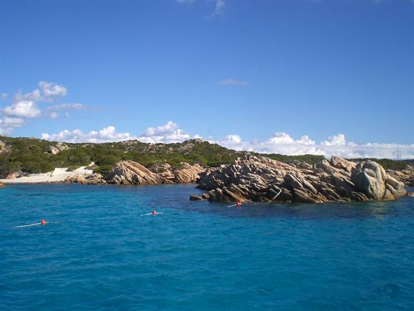 Turquoise water with red buoys in front of pink granite rocks and Mediterranean shrubs