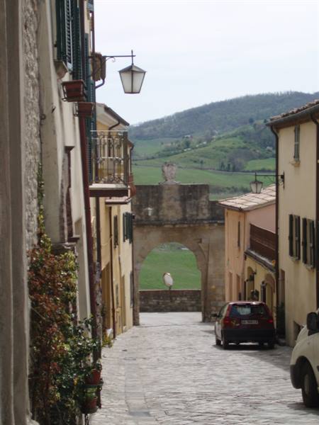 Cobbled alley with old stone arch, yellow houses and green hills