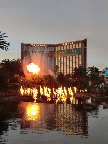 Flaming volcano erupting on the lagoon in front of Treasure Island hotel, Las Vegas