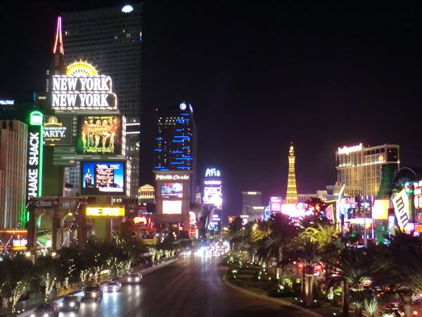 Las Vegas Strip at night, neon signs of New York New York and Shake Shack
