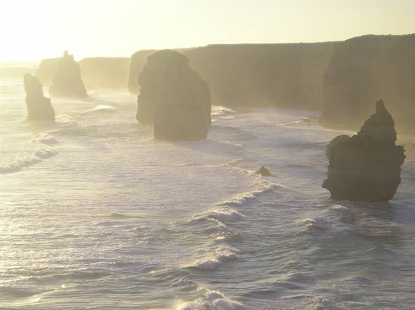 The Twelve Apostles: limestone stacks and cliffs in hazy ocean light
