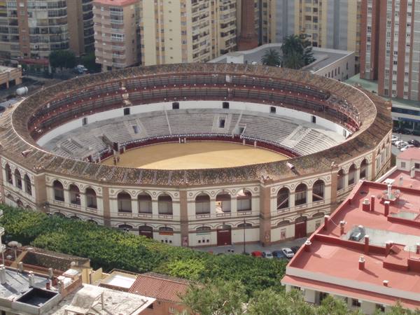 La Malagueta bullring surrounded by Malaga buildings