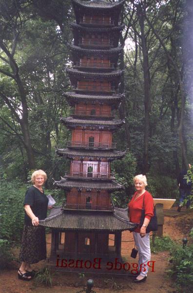 Two tourists beside a multi-roofed wooden pagoda in a tree-filled garden