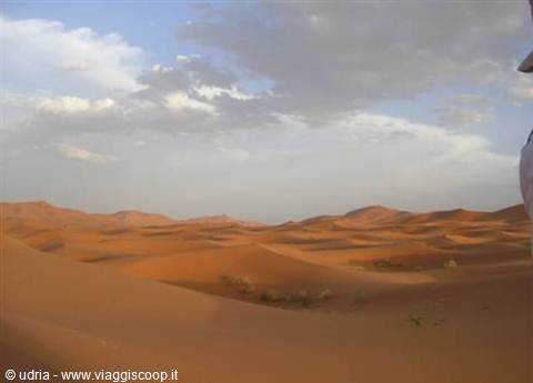 Orange sand dunes of the Sahara desert under cloudy sky