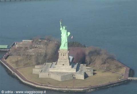 Aerial view of the Statue of Liberty on Liberty Island, New York