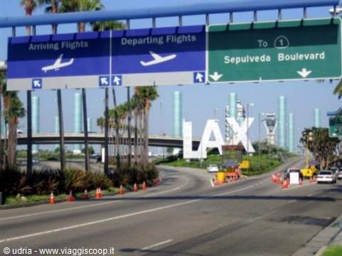Arriving and Departing Flights signs above the famous LAX sign in Los Angeles