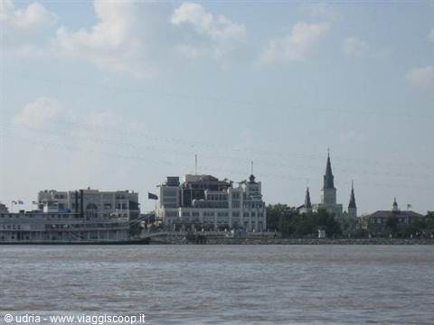 Steamboat on the Mississippi riverfront with St. Louis Cathedral, New Orleans