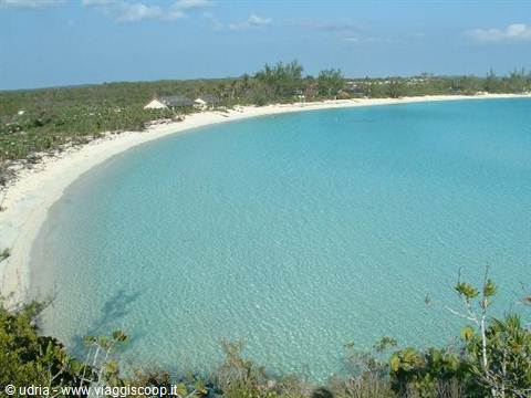 White sand beach on turquoise bay, umbrellas and greenery under blue sky