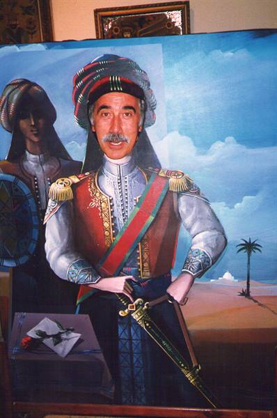 Painted canvas portrait of a man in Ottoman costume with turban, sword, desert backdrop