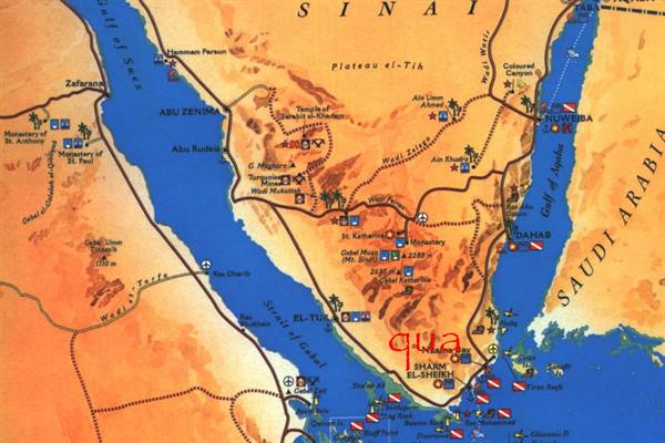Illustrated map of the Sinai peninsula with the Gulf of Suez and Aqaba