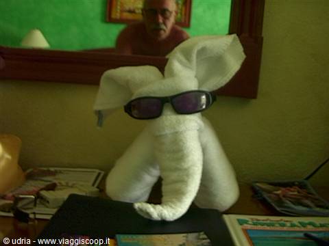 Towel folded into an elephant wearing sunglasses on a hotel desk