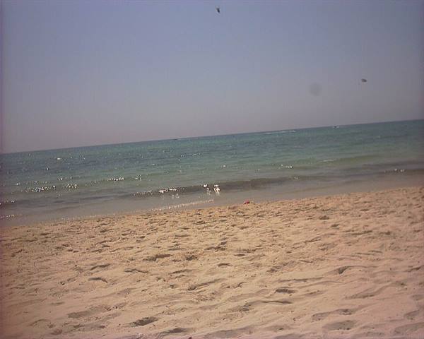 Pale sand with footprints in front of turquoise sea and blue sky