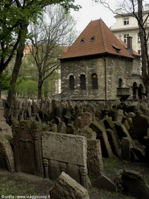 Prague's Old Jewish Cemetery, crowded stone tombstones beneath the Ceremonial Hall