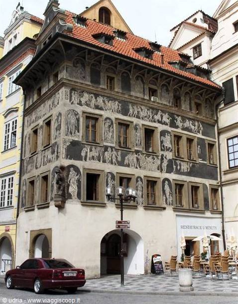 House at the Minute in Prague: sgraffito Renaissance facade, café beneath the arcades
