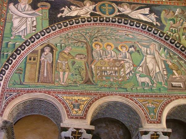 Byzantine mosaic of Abraham and the three angels, San Vitale, Ravenna