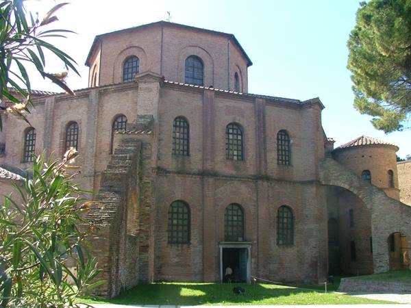 Basilica of San Vitale in Ravenna, ancient bricks under sunlight